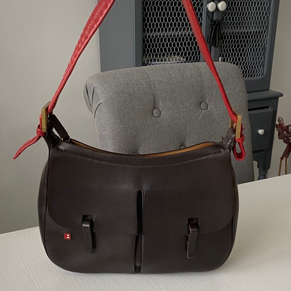 Bally Italian Brown Leather Shoulder Bag Red Strap Front Pockets w COA - Picture 3 of 17